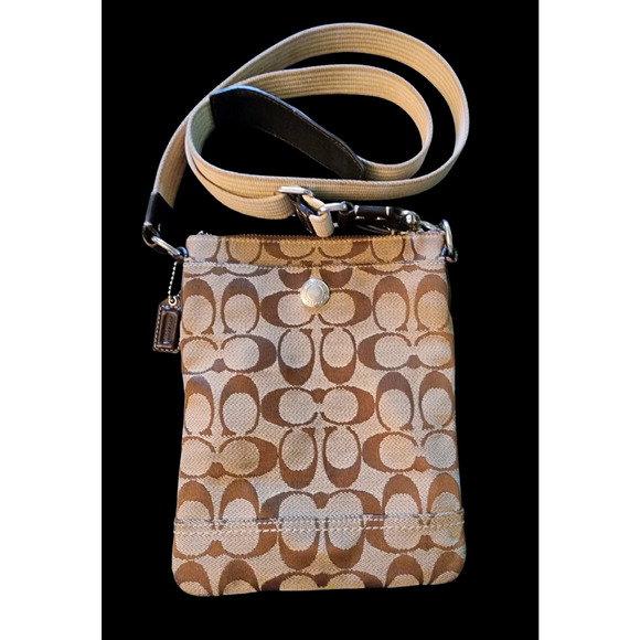 Coach crossbody purse canvas tan & brown vintage three compartments cream strap - Picture 1 of 10